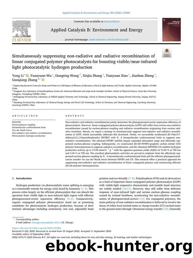 Simultaneously suppressing non-radiative and radiative recombination of linear conjugated polymer photocatalysts for boosting visiblenear-infrared light photocatalytic hydrogen production by unknow