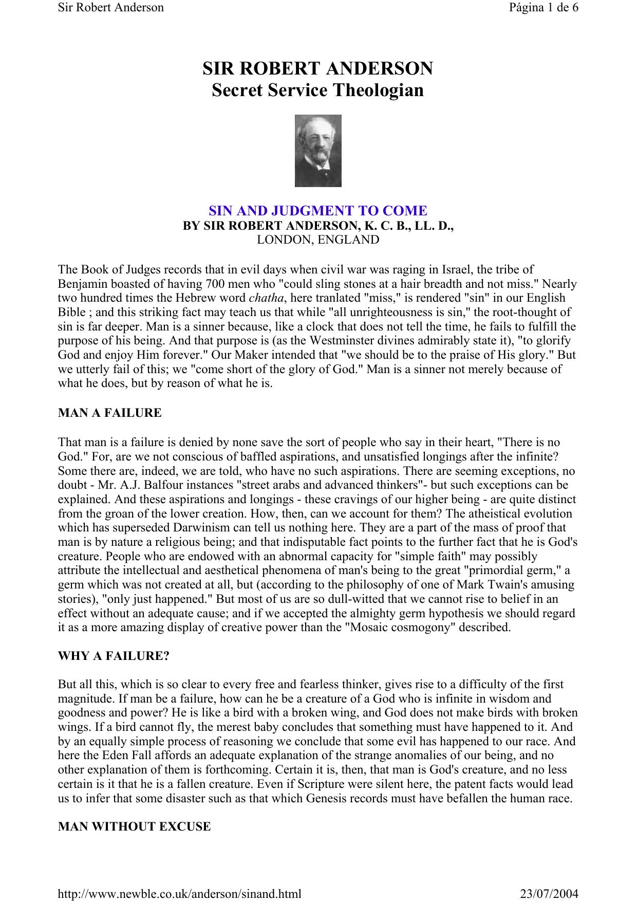 Sin and Judgment to Come - Sir Robert Anderson by Robert Anderson