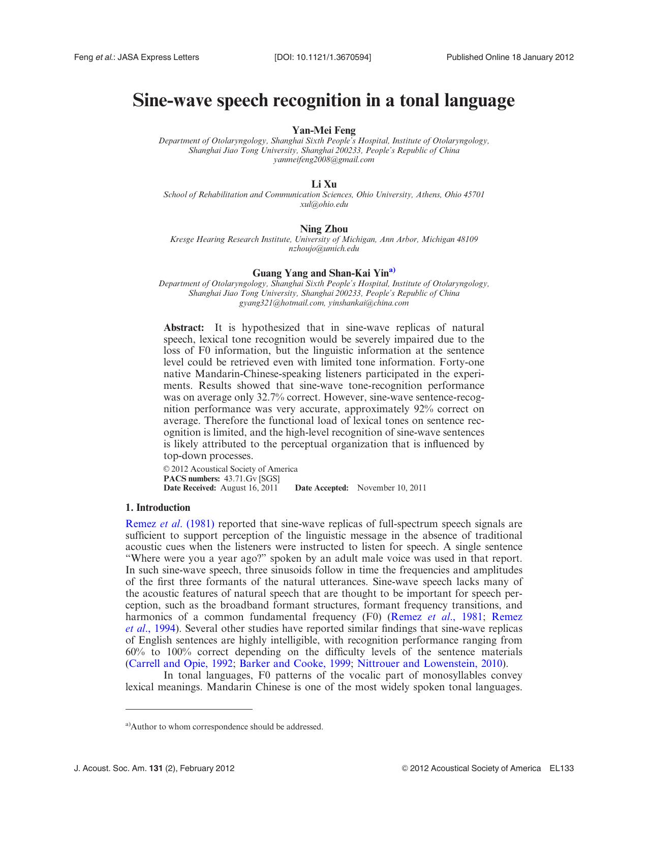 Sine-wave speech recognition in a tonal language by Yan-Mei Feng Li Xu Ning Zhou Guang Yang and Shan-Kai Yin