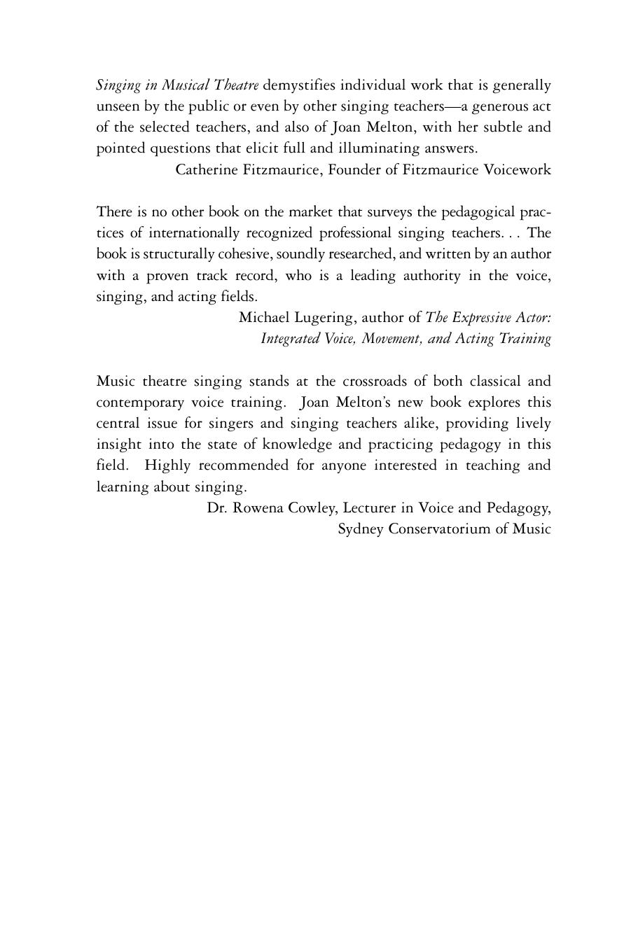 Singing in Musical Theater: The Training of Singers and Actors by Joan Melton