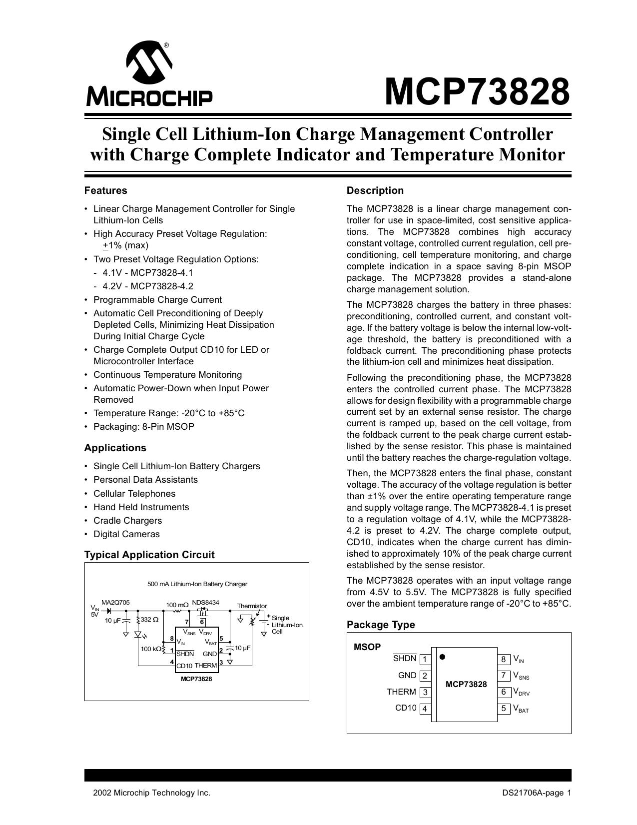 Single Cell Lithium-Ion Charge Management Controller with Charge Complete Indicator and Temperature Monitor by Microchip Technology Inc