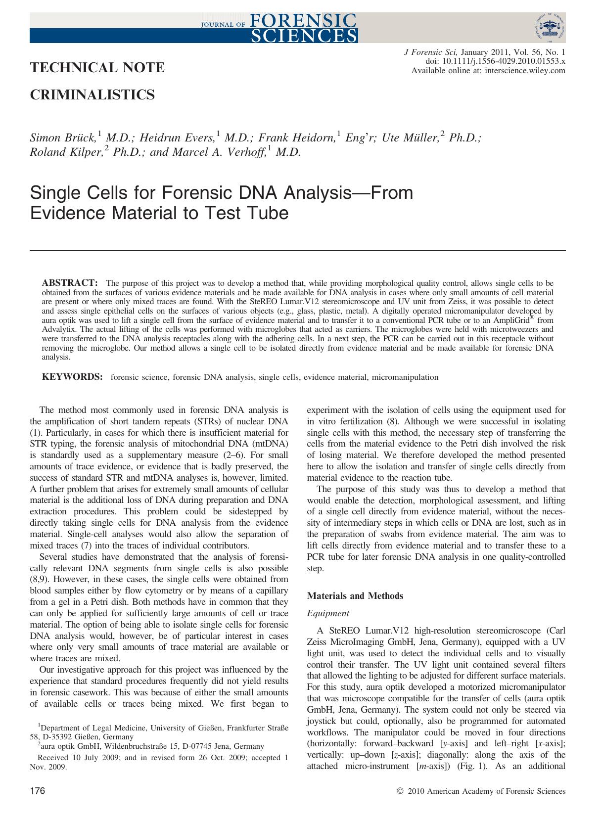 Single Cells for Forensic DNA AnalysisFrom Evidence Material to Test Tube by Unknown