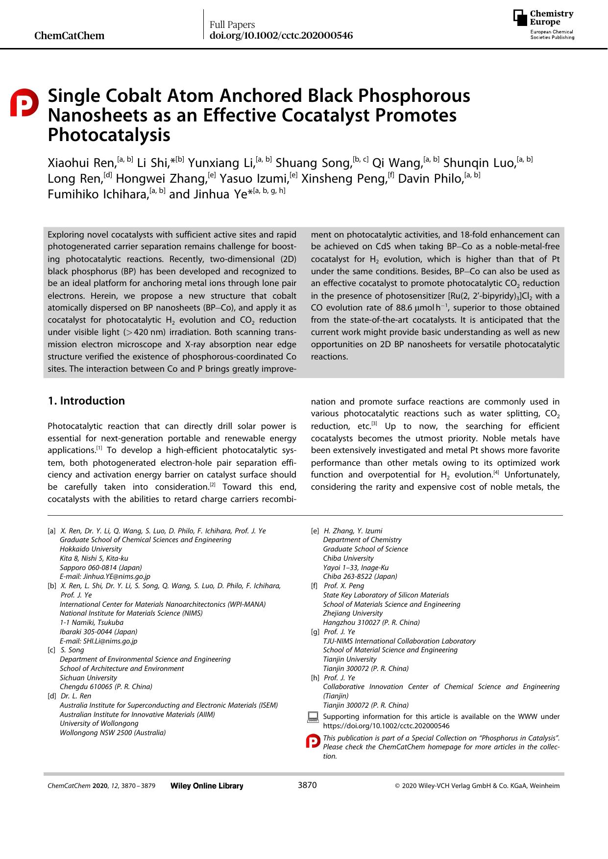 Single Cobalt Atom Anchored Black Phosphorous Nanosheets as an Effective Cocatalyst Promotes Photocatalysis by Unknown
