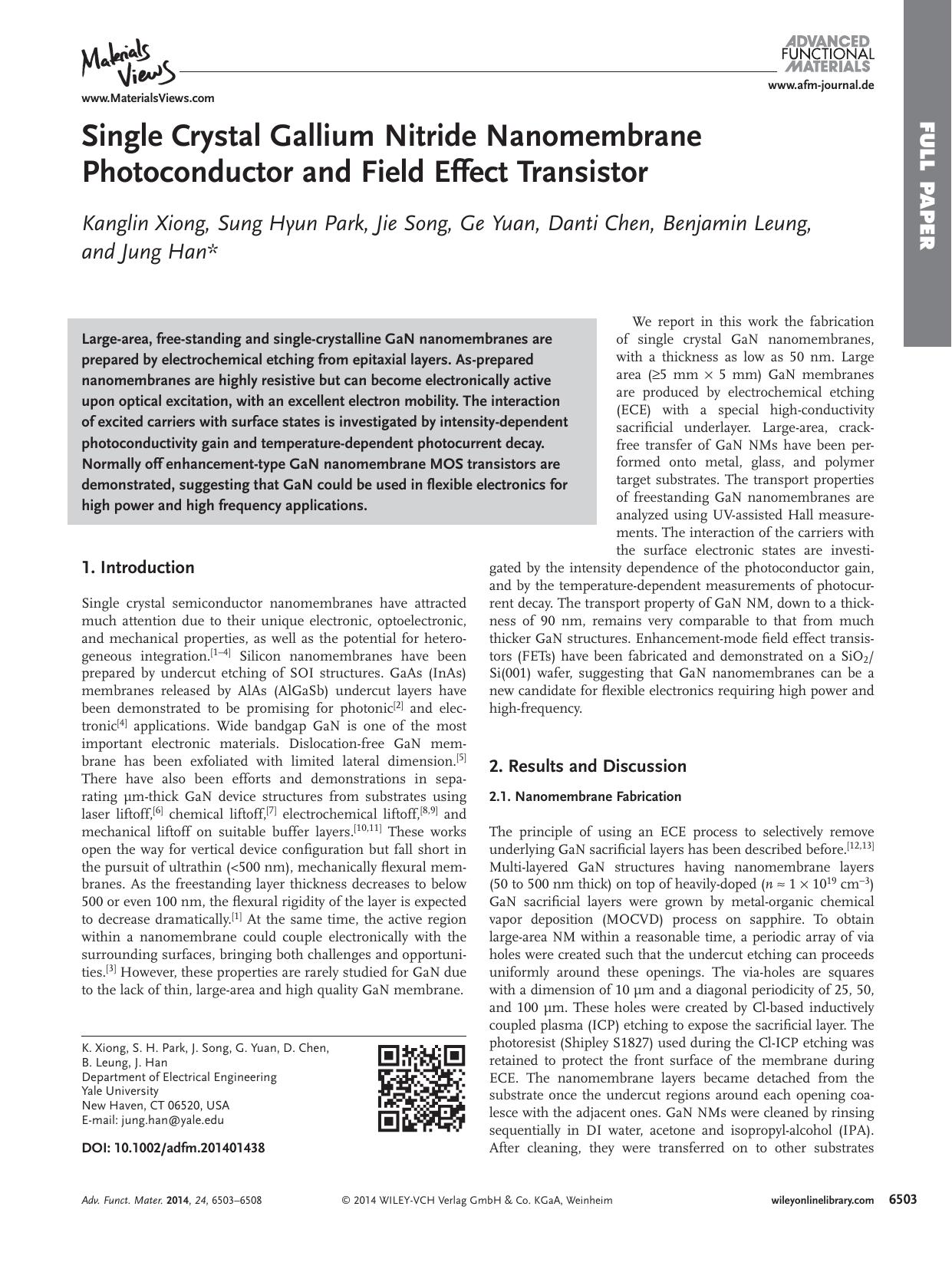Single Crystal Gallium Nitride Nanomembrane Photoconductor and Field Effect Transistor by processteam