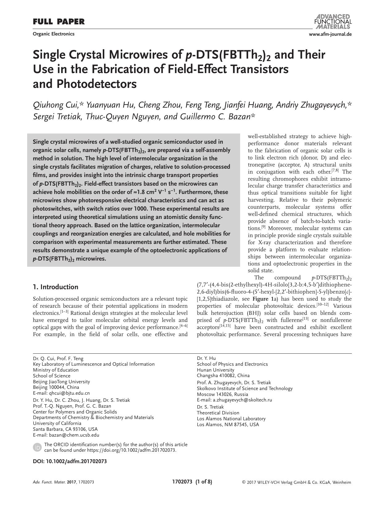 Single Crystal Microwires of p‐DTS(FBTTh2)2 and Their Use in the Fabrication of Field‐Effect Transistors and Photodetectors by Unknown
