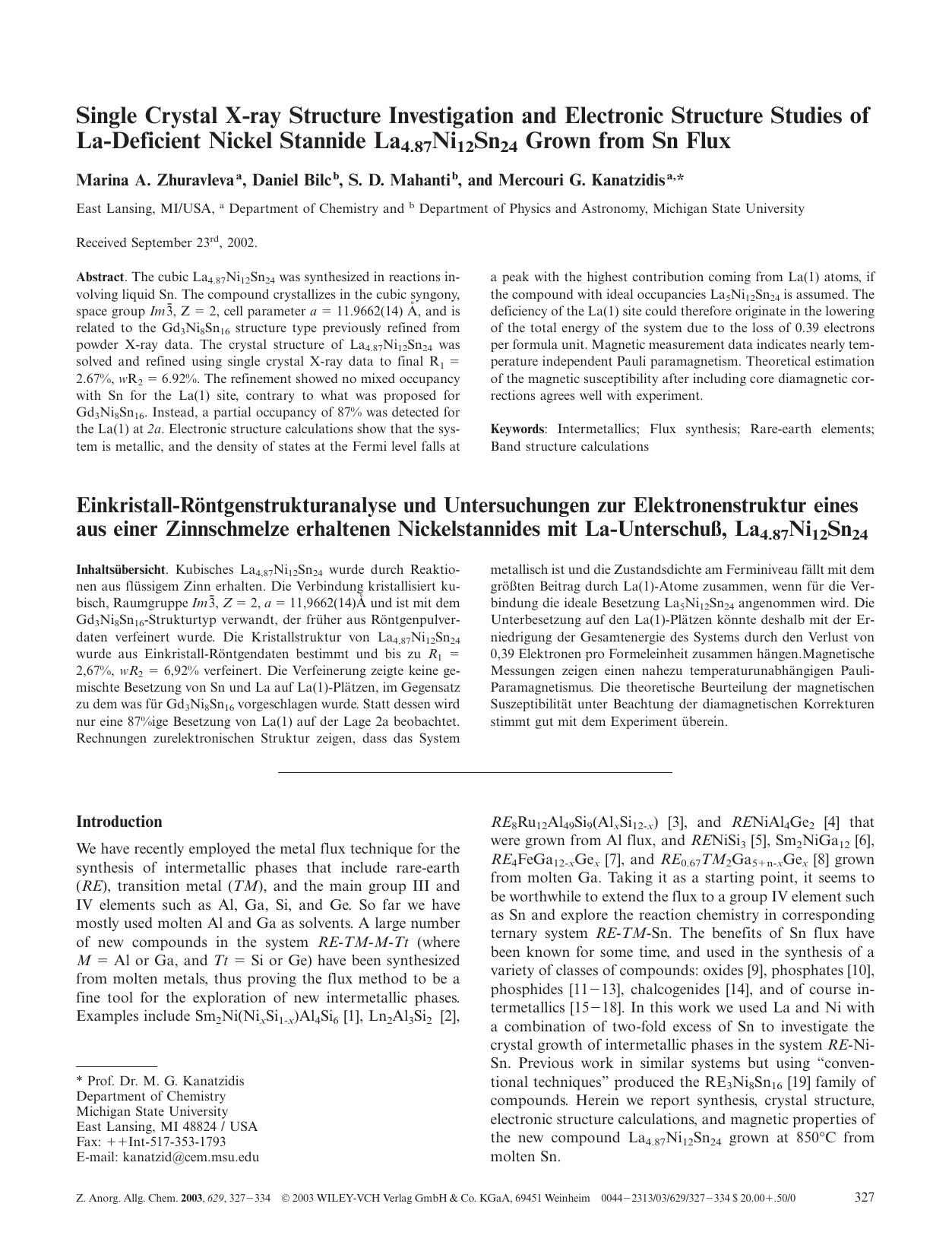 Single Crystal X-ray Structure Investigation and Electronic Structure Studies of La-Deficient Nickel Stannide La4.87Ni12Sn24 Grown from Sn Flux by Unknown