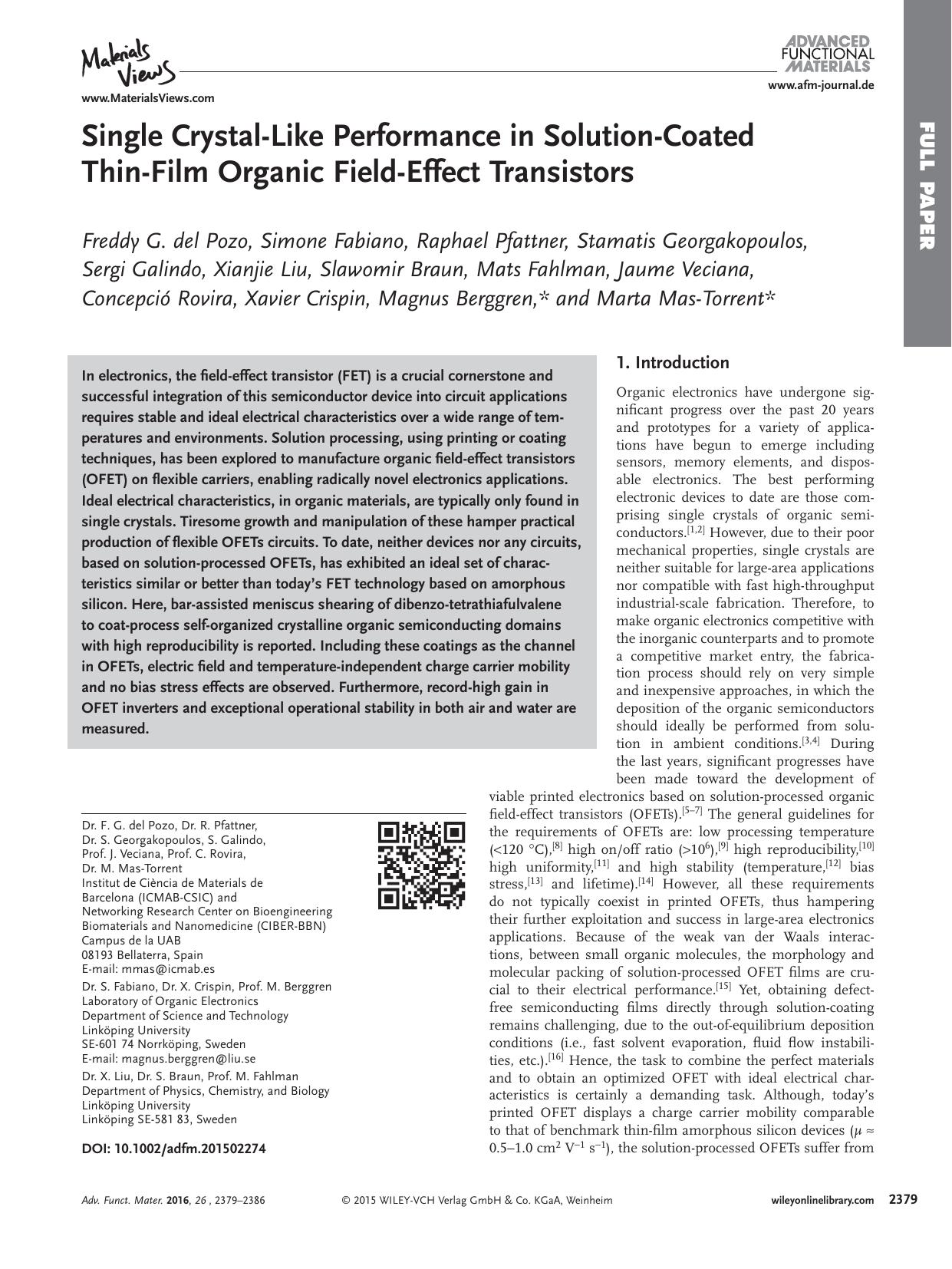 Single Crystal‐Like Performance in Solution‐Coated Thin‐Film Organic Field‐Effect Transistors by Unknown