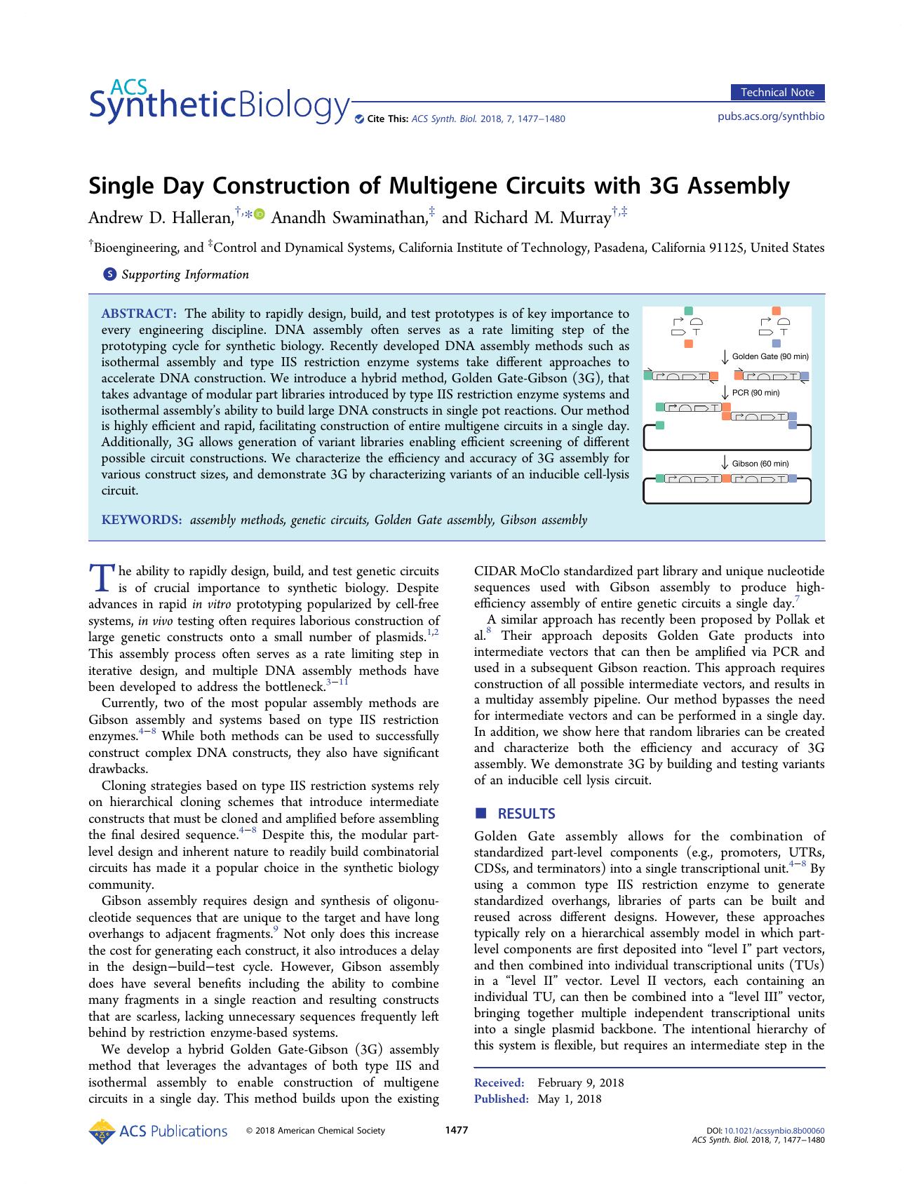 Single Day Construction of Multigene Circuits with 3G Assembly by Andrew D. Halleran Anandh Swaminathan and Richard M. Murray