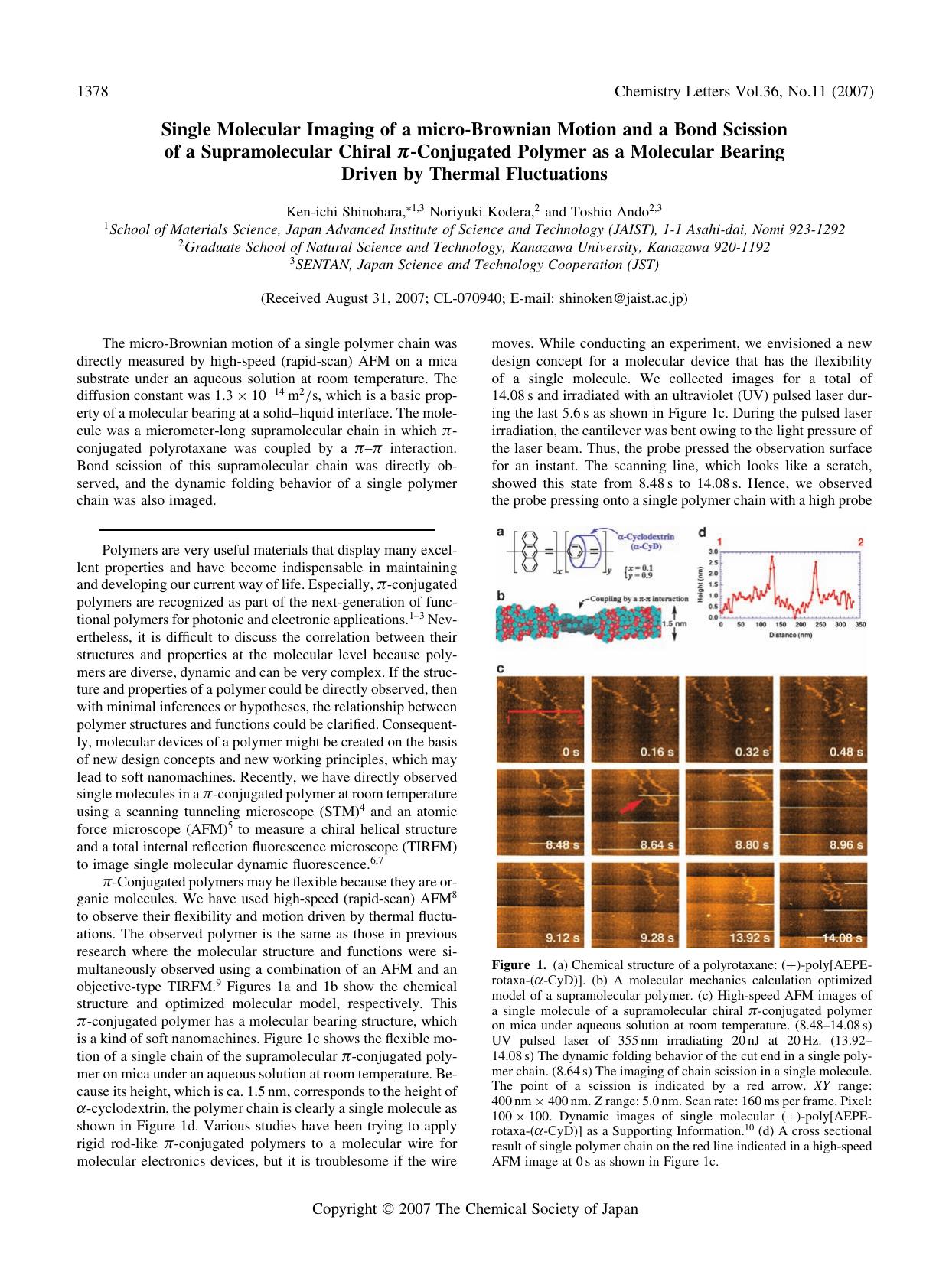 Single Molecular Imaging of a micro-Brownian Motion and a Bond Scission of a Supramolecular Chiral \pi-Conjugated Polymer as a Molecular Bearing Driven by Thermal Fluctuations by Ken-ichi Shinohara Noriyuki Kodera and Toshio Ando