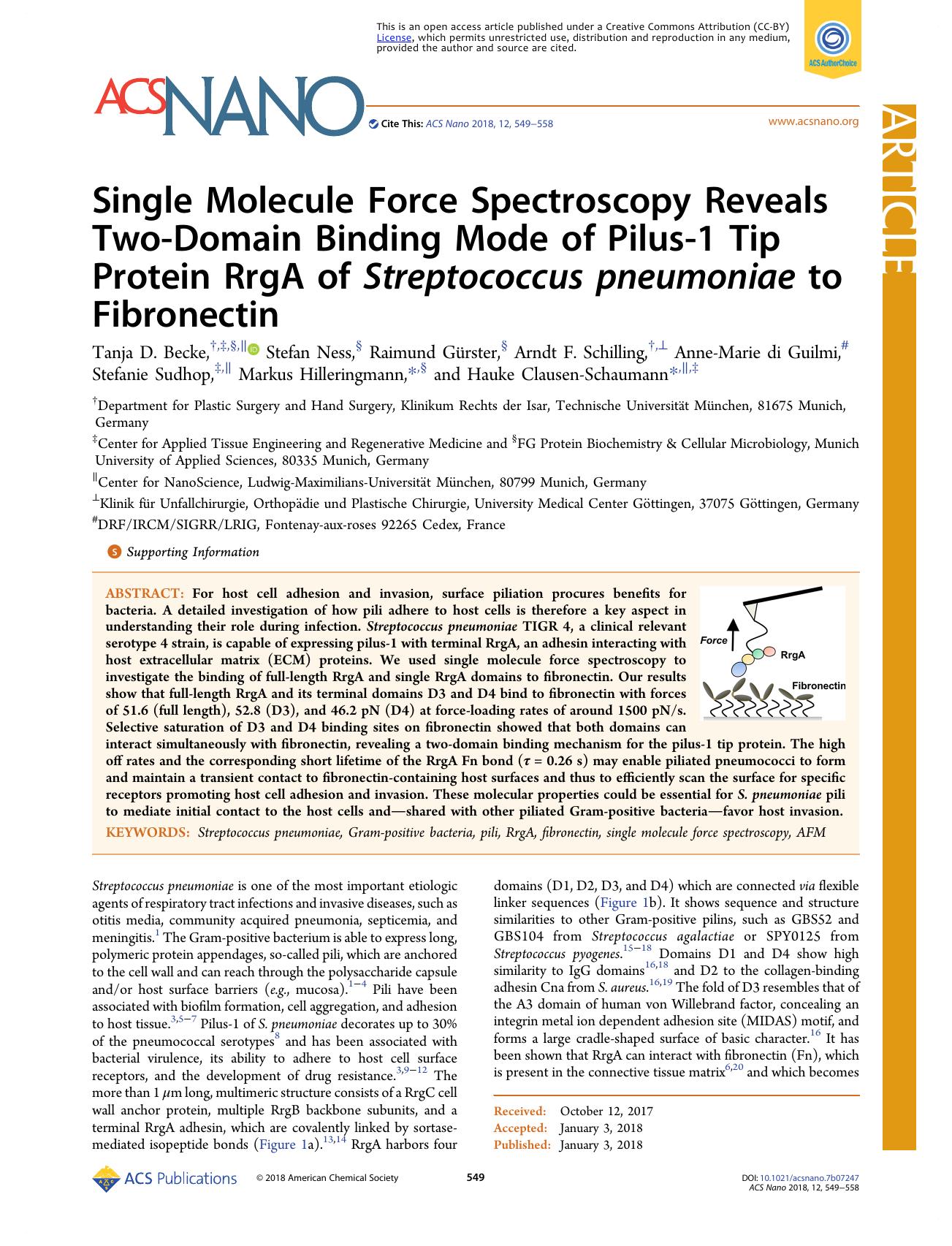 Single Molecule Force Spectroscopy Reveals Two-Domain Binding Mode of Pilus-1 Tip Protein RrgA of Streptococcus pneumoniae to Fibronectin by unknow
