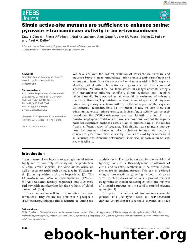Single activeâsite mutants are sufficient to enhance serine:pyruvate Î±âtransaminase activity in an Ïâtransaminase by Unknown