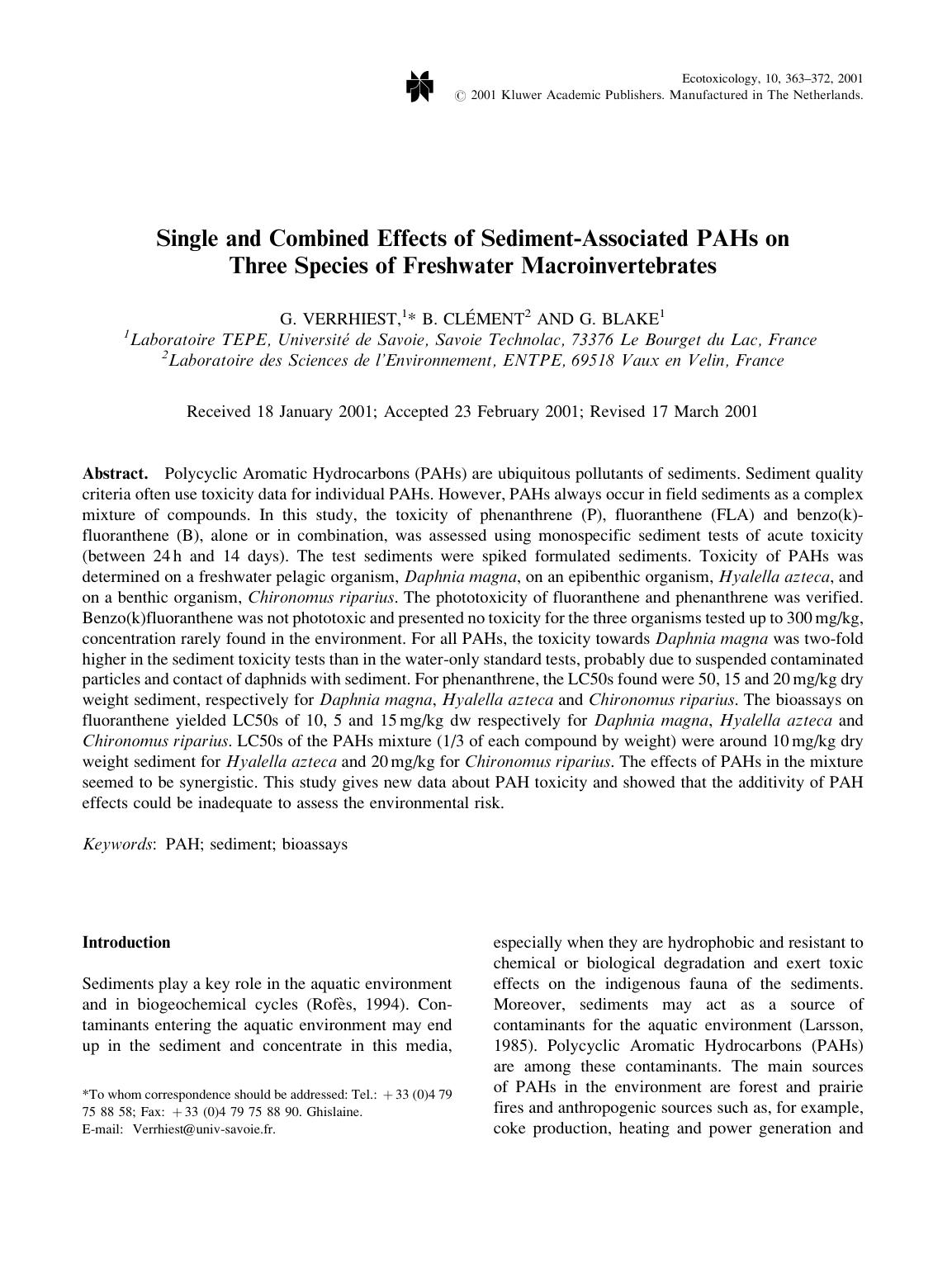 Single and Combined Effects of Sediment-Associated PAHs on Three Species of Freshwater Macroinvertebrates by Unknown