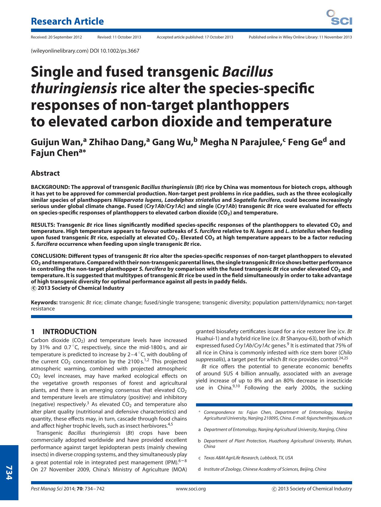 Single and fused transgenic Bacillus thuringiensis rice alter the speciesspecific responses of nontarget planthoppers to elevated carbon dioxide and temperature by Unknown