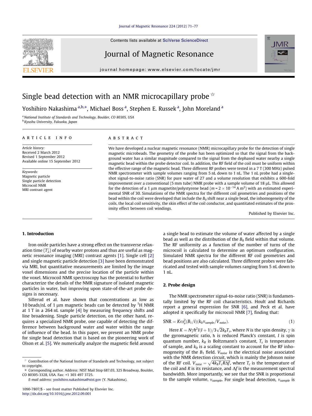 Single bead detection with an NMR microcapillary probe by Yoshihiro Nakashima & Michael Boss & Stephen E. Russek & John Moreland