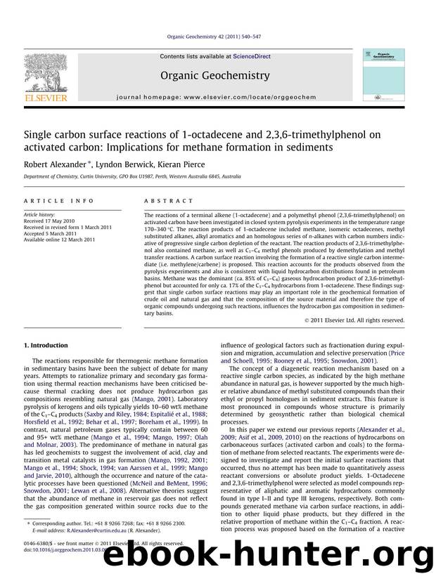 Single carbon surface reactions of 1-octadecene and 2,3,6-trimethylphenol on activated carbon: Implications for methane formation in sediments by Robert Alexander & Lyndon Berwick & Kieran Pierce