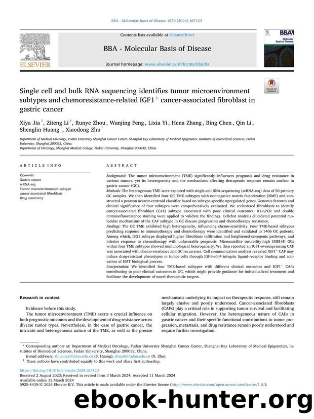 Single cell and bulk RNA sequencing identifies tumor microenvironment subtypes and chemoresistance-related IGF1+ cancer-associated fibroblast in gastric cancer by unknow