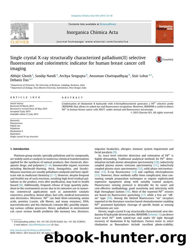 Single crystal X-ray structurally characterized palladium(II) selective fluorescence and colorimetric indicator for human breast cancer cell imaging by Abhijit Ghosh & Sandip Nandi & Archya Sengupta & Ansuman Chattopadhyay & Sisir Lohar & Debasis Das