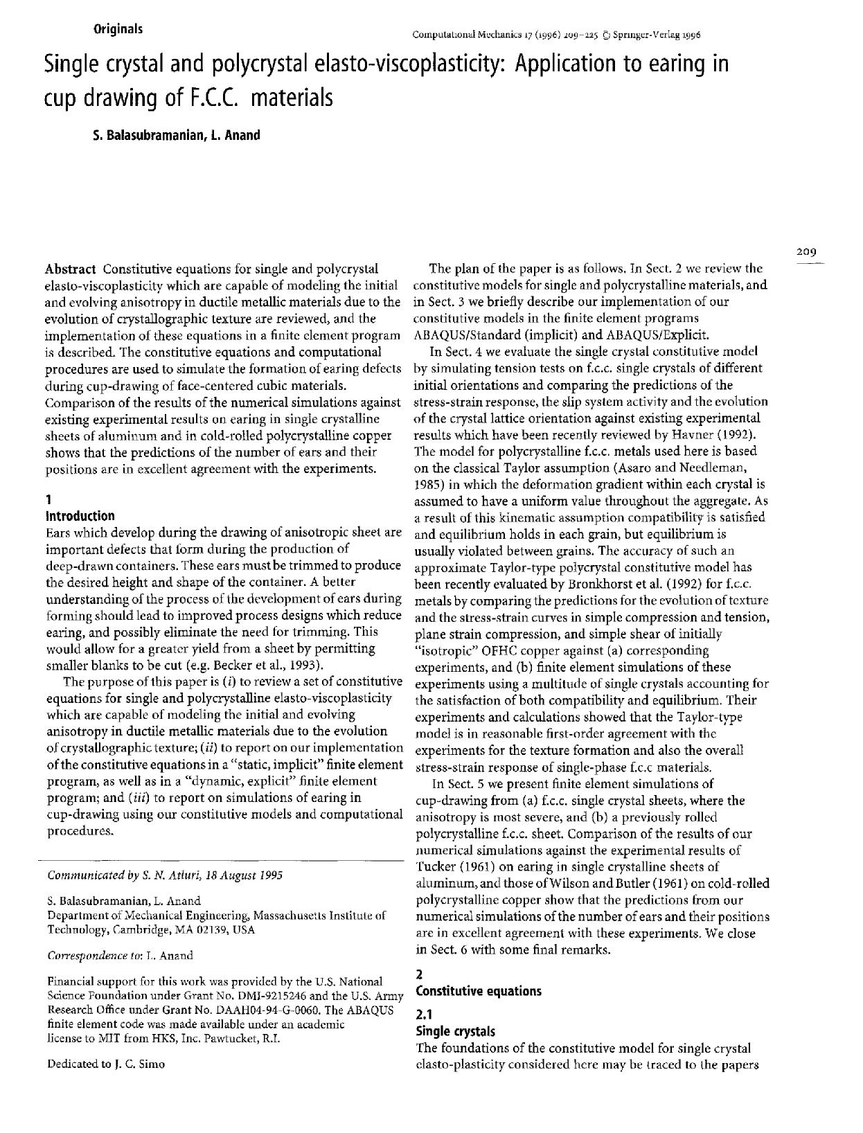 Single crystal and polycrystal elasto-viscoplasticity: Application to earing in cup drawing of F.C.C. materials by Unknown