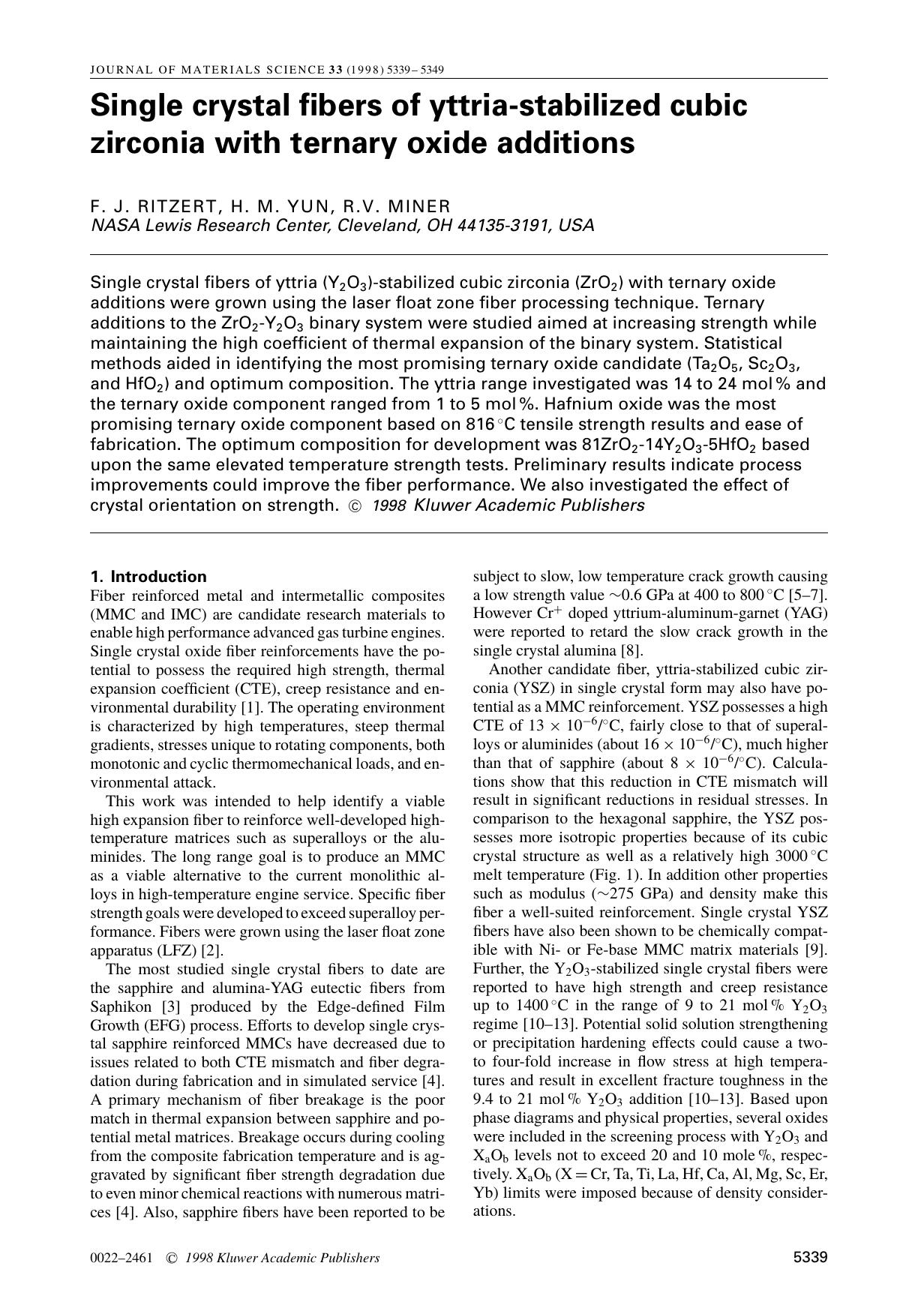 Single crystal fibers of yttria-stabilized cubic zirconia with ternary oxide additions by Unknown