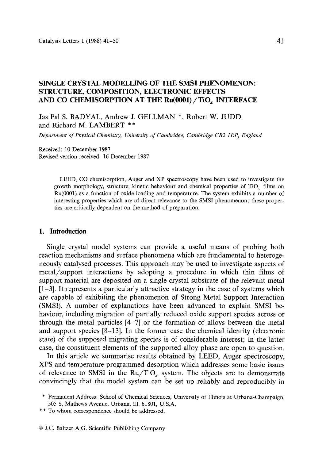 Single crystal modelling of the SMSI phenomenon: Structure, composition, electronic effects and CO chemisorption at the Ru(0001)TiO <Subscript>x <Subscript> interface by Unknown