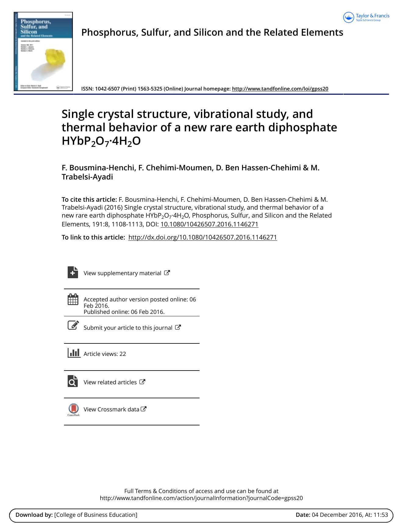 Single crystal structure, vibrational study, and thermal behavior of a new rare earth diphosphate HYbP2O24H2O by F. Bousmina-Henchi & F. Chehimi-Moumen & D. Ben Hassen-Chehimi & M. Trabelsi-Ayadi