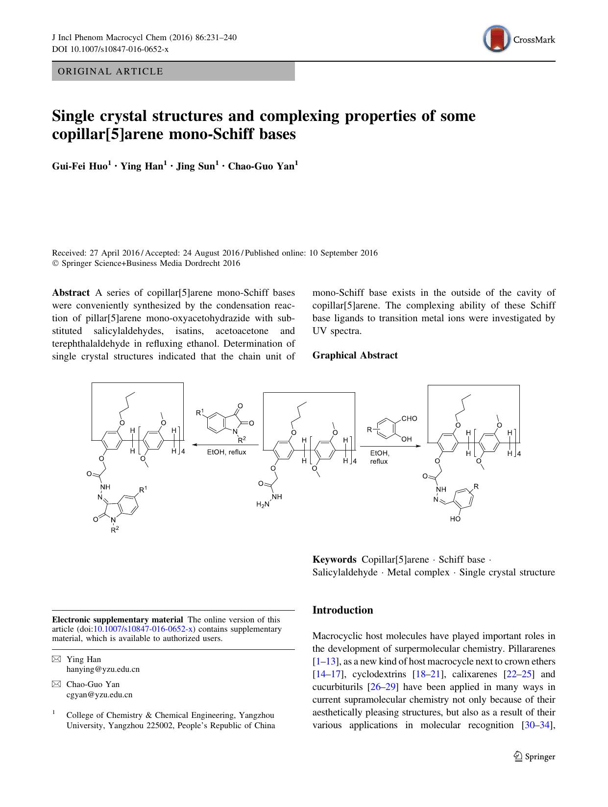 Single crystal structures and complexing properties of some copillar[5]arene mono-Schiff bases by Gui-Fei Huo & Ying Han & Jing Sun & Chao-Guo Yan