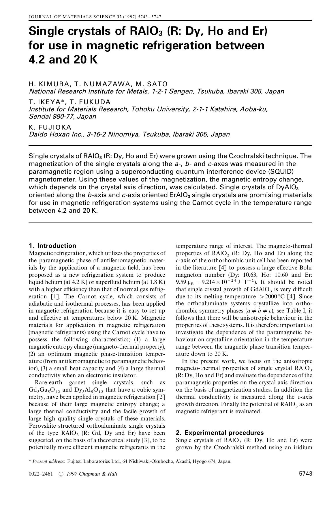 Single crystals of RAlO3 (R: Dy, Ho and Er) for use in magnetic refrigeration between 4.2 and 20 K by Unknown