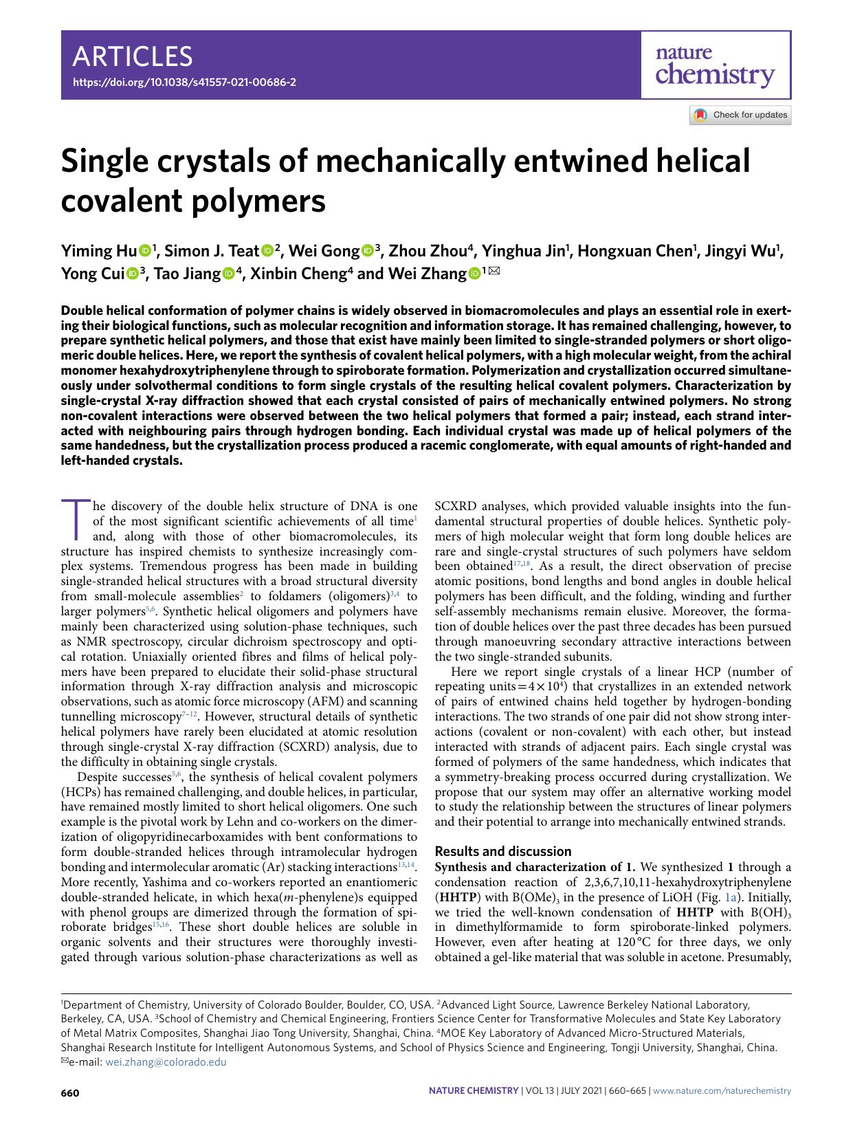 Single crystals of mechanically entwined helical covalent polymers by unknow
