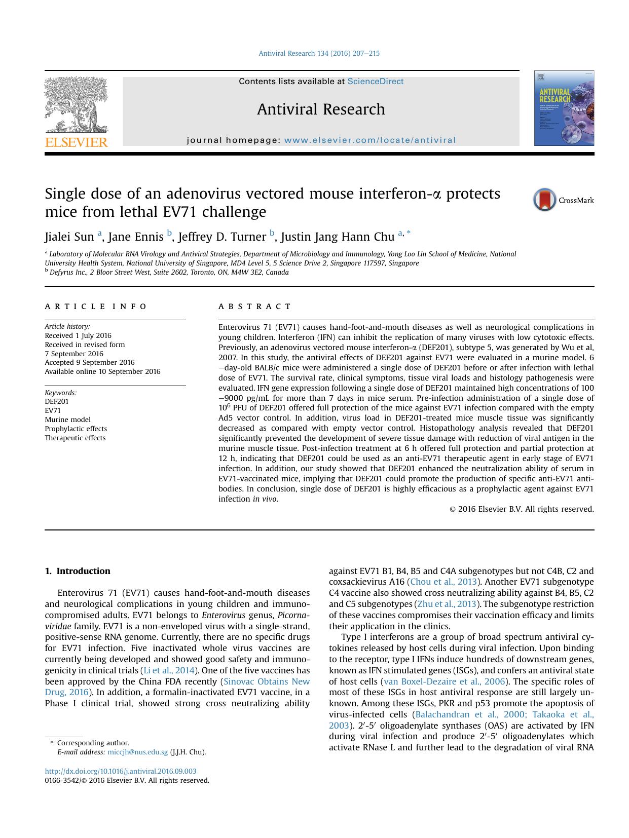 Single dose of an adenovirus vectored mouse interferon-&alpha; protects mice from lethal EV71 challenge by Jialei Sun & Jane Ennis & Jeffrey D. Turner & Justin Jang Hann Chu