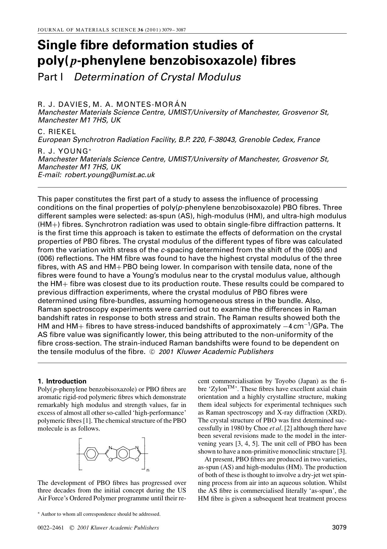 Single fibre deformation studies of poly(p-phenylene benzobisoxazole) fibres part I Determination of Crystal Modulus by Unknown