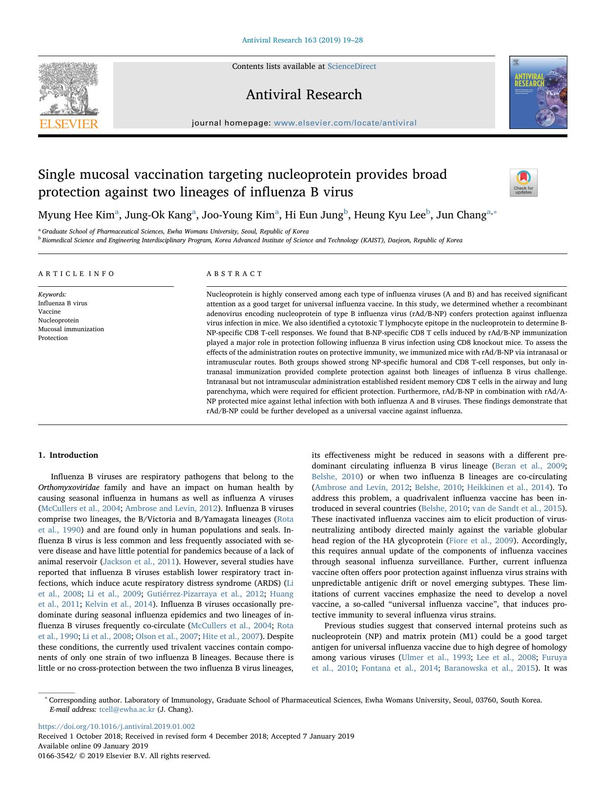 Single mucosal vaccination targeting nucleoprotein provides broad protection against two lineages of influenza B virus by Myung Hee Kim & Jung-Ok Kang & Joo-Young Kim & Hi Eun Jung & Heung Kyu Lee & Jun Chang