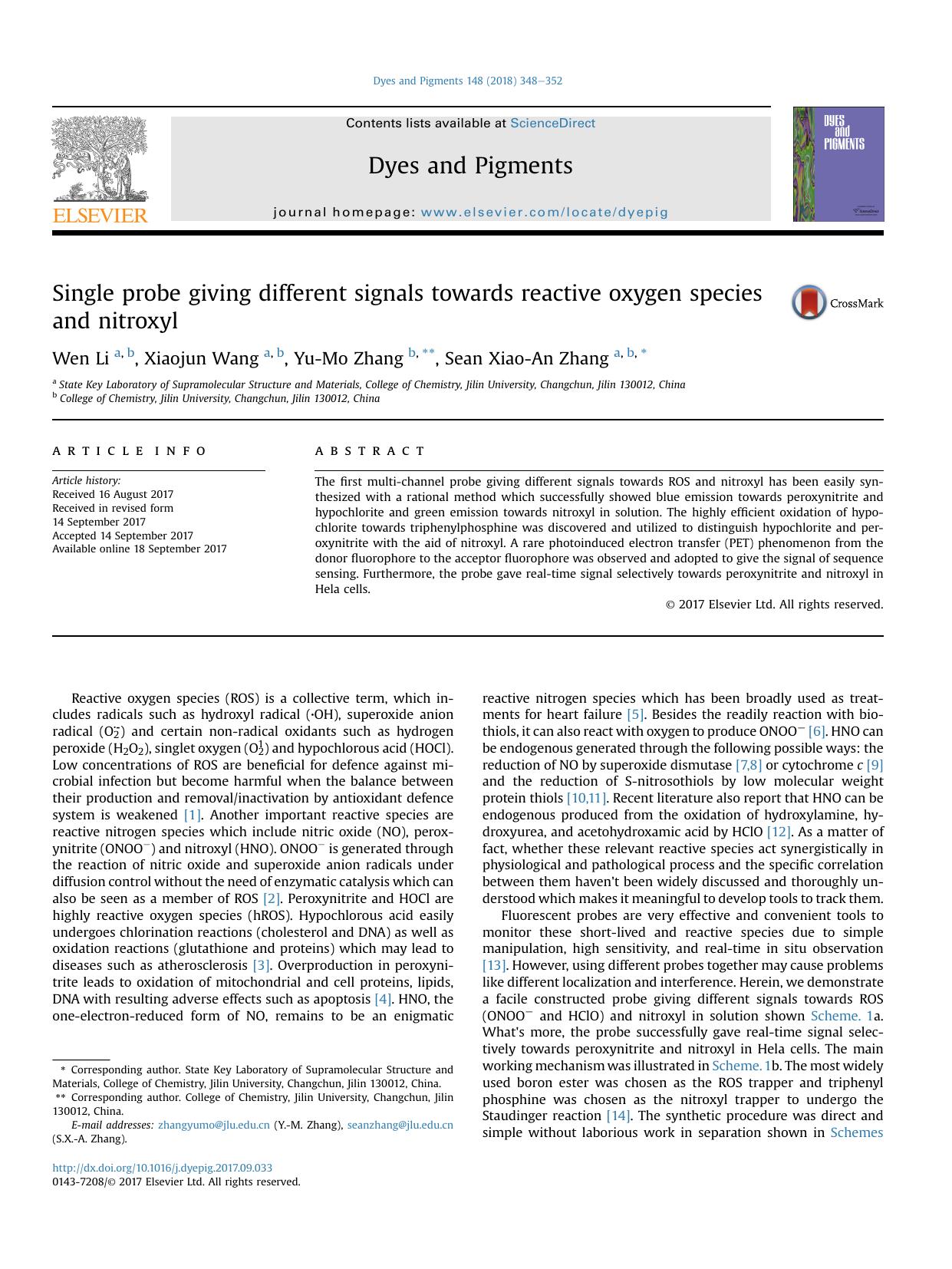Single probe giving different signals towards reactive oxygen species and nitroxyl by Wen Li & Xiaojun Wang & Yu-Mo Zhang & Sean Xiao-An Zhang