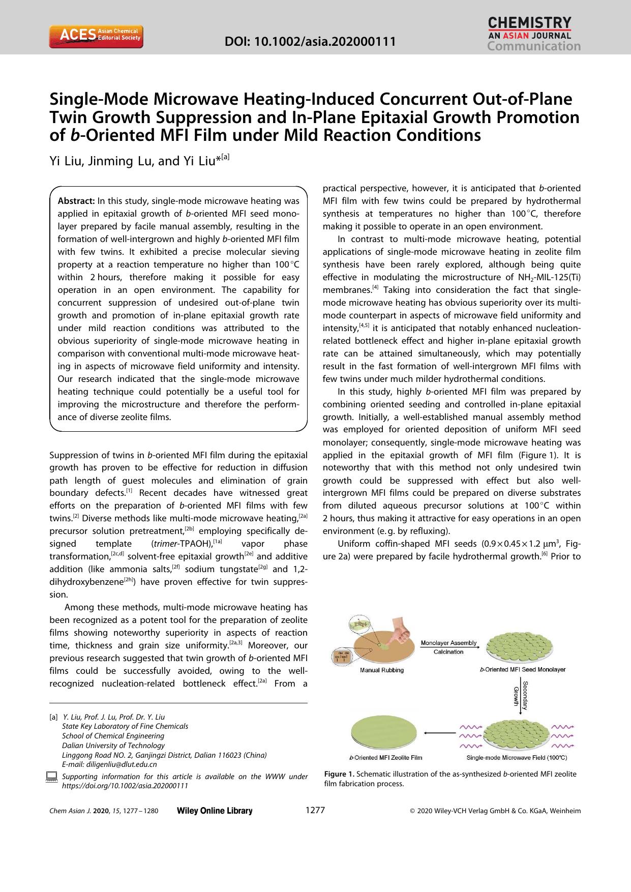 SingleâMode Microwave HeatingâInduced Concurrent OutâofâPlane Twin Growth Suppression and InâPlane Epitaxial Growth Promotion of bâOriented MFI Film under Mild Reaction Conditions by Unknown
