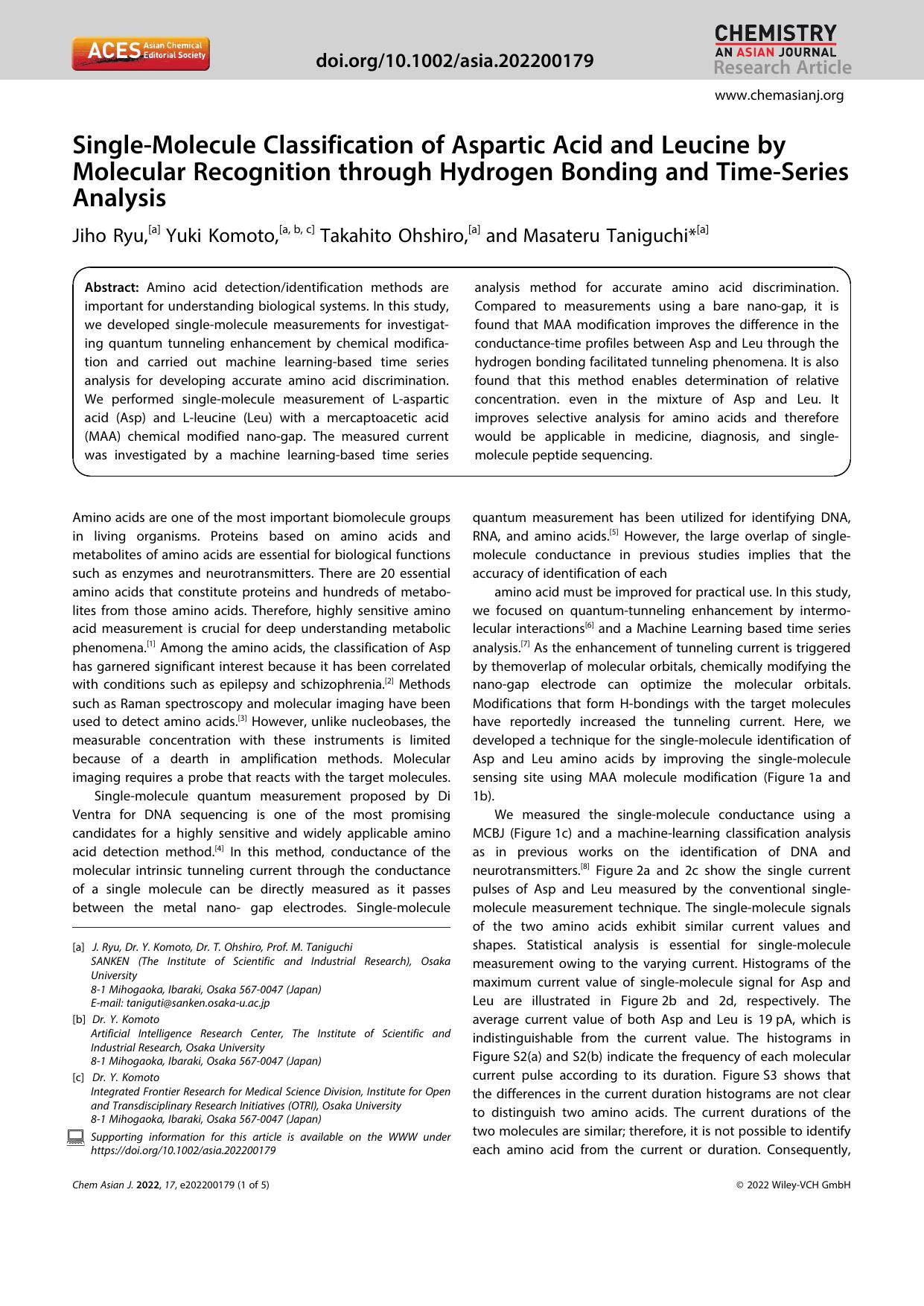 SingleâMolecule Classification of Aspartic Acid and Leucine by Molecular Recognition through Hydrogen Bonding and TimeâSeries Analysis by Unknown