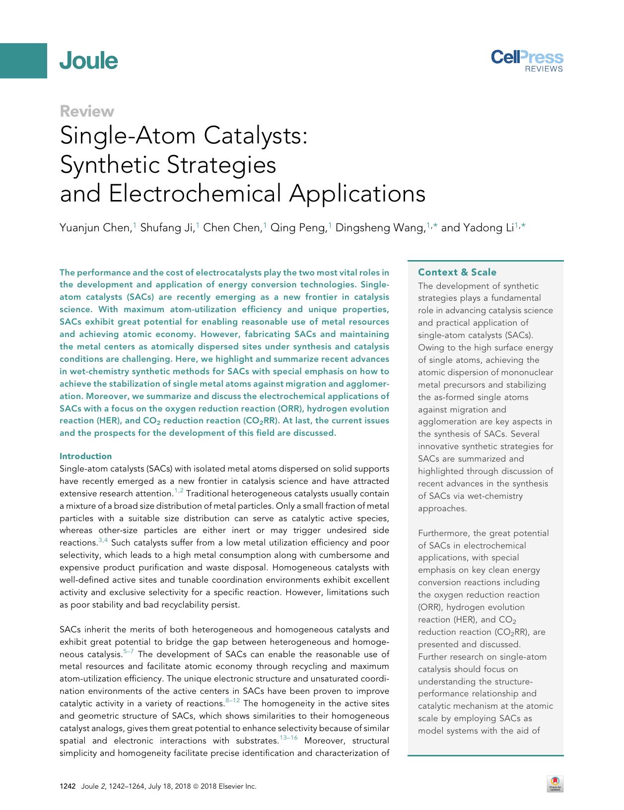 Single-Atom Catalysts: Synthetic Strategies and Electrochemical Applications by Yuanjun Chen & Shufang Ji & Chen Chen & Qing Peng & Dingsheng Wang & Yadong Li