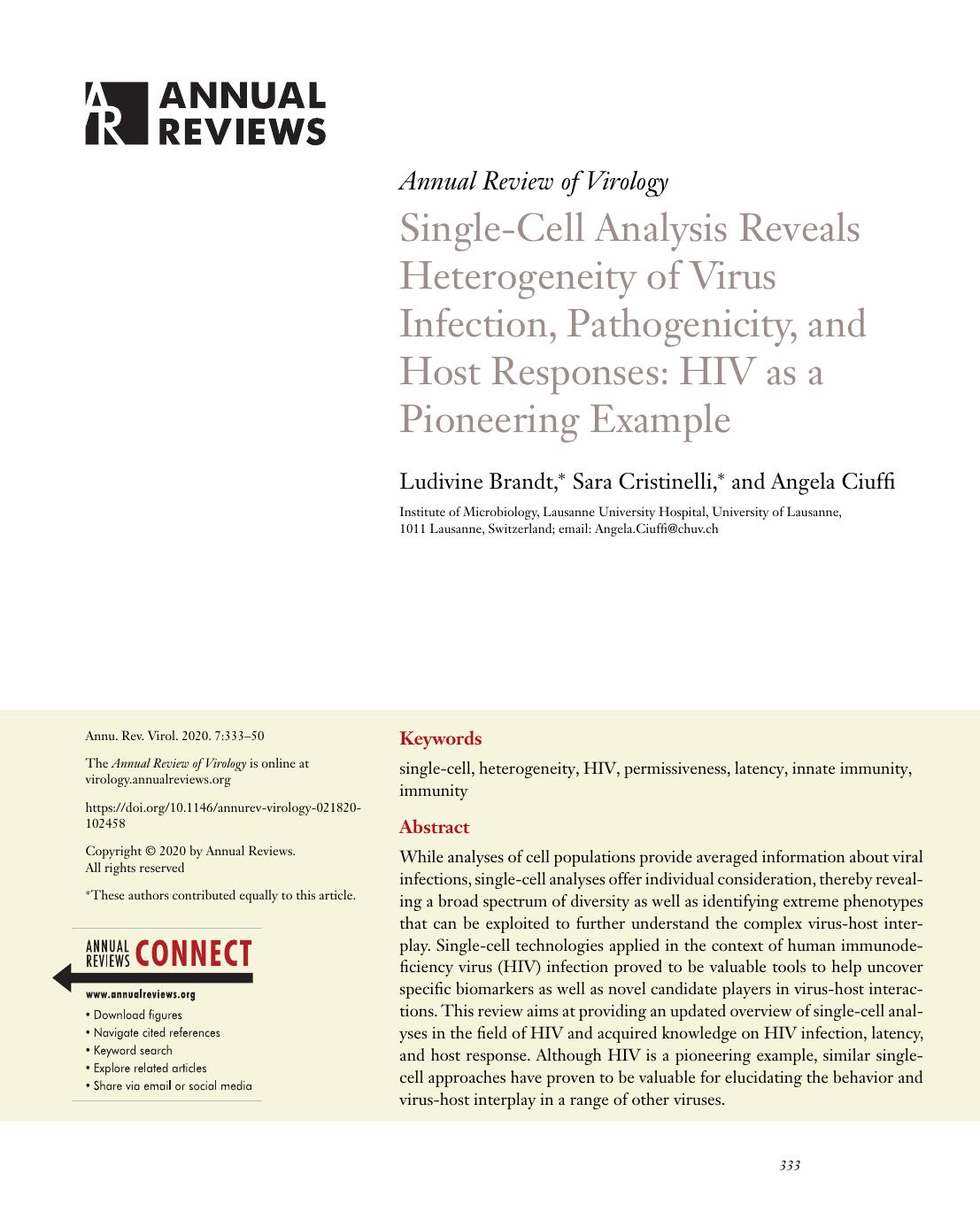 Single-Cell Analysis Reveals Heterogeneity of Virus Infection, Pathogenicity, and Host Responses: HIV as a Pioneering Example by Ludivine Brandt Sara Cristinelli Angela Ciuffi