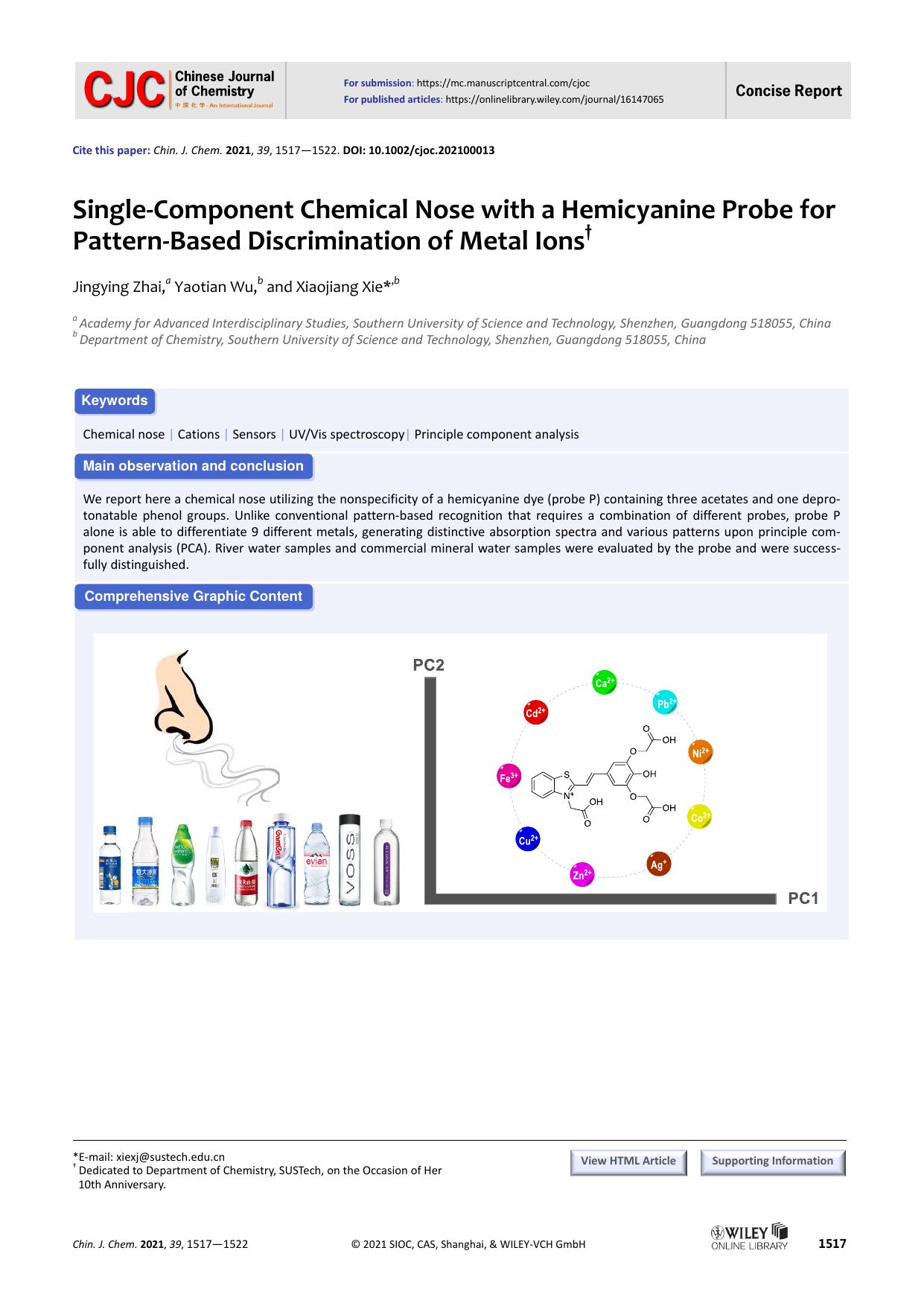 Single-Component Chemical Nose with A Hemicyanine Probe For Pattern-Based Discrimination of Metal Ions by Xiaojiang Xie