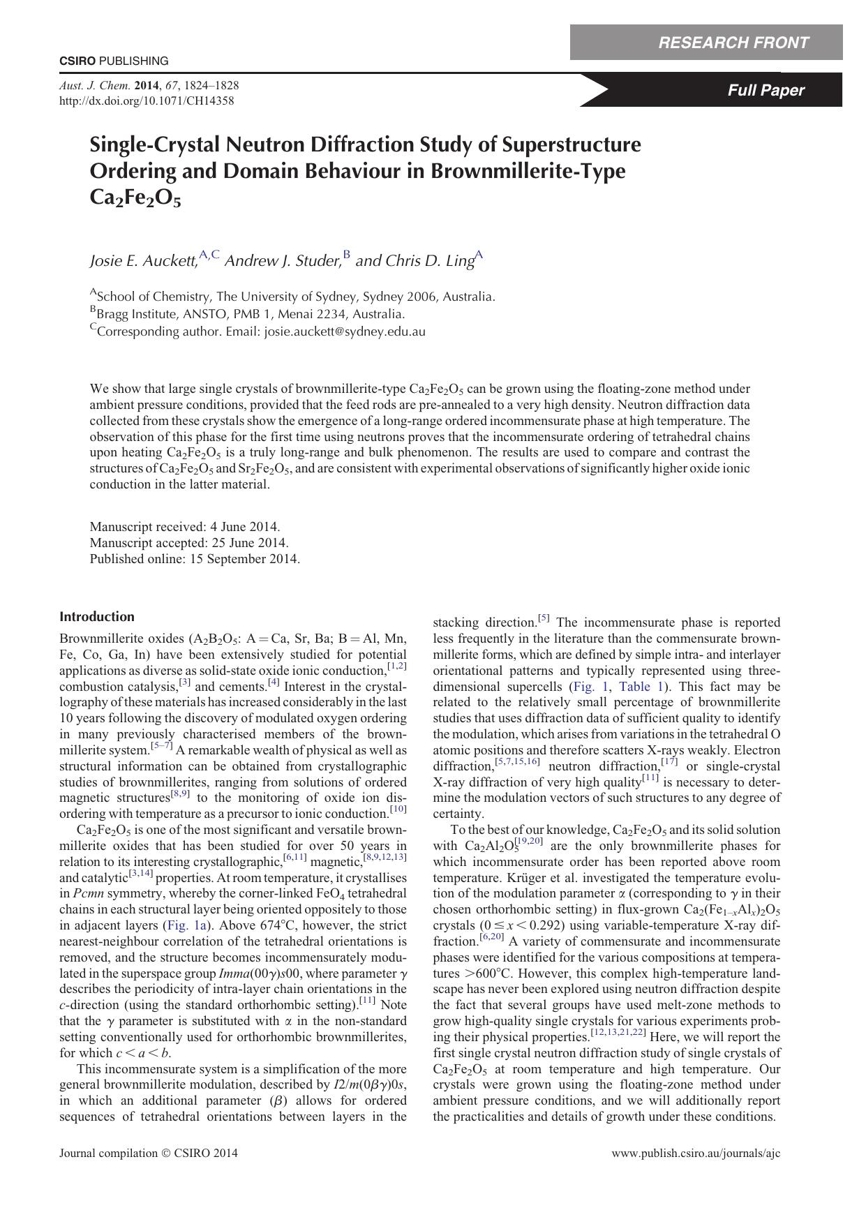 Single-Crystal Neutron Diffraction Study of Superstructure Ordering and Domain Behaviour in Brownmillerite-Type Ca2Fe2O5 by J. E. Auckett & A. J. Studer & and C. D. Ling