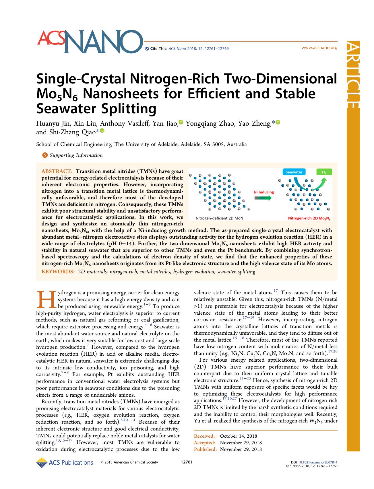 Single-Crystal Nitrogen-Rich Two-Dimensional Mo5N6 Nanosheets for Efficient and Stable Seawater Splitting by Huanyu Jin Xin Liu Anthony Vasileff Yan Jiao Yongqiang Zhao Yao Zheng and Shi-Zhang Qiao