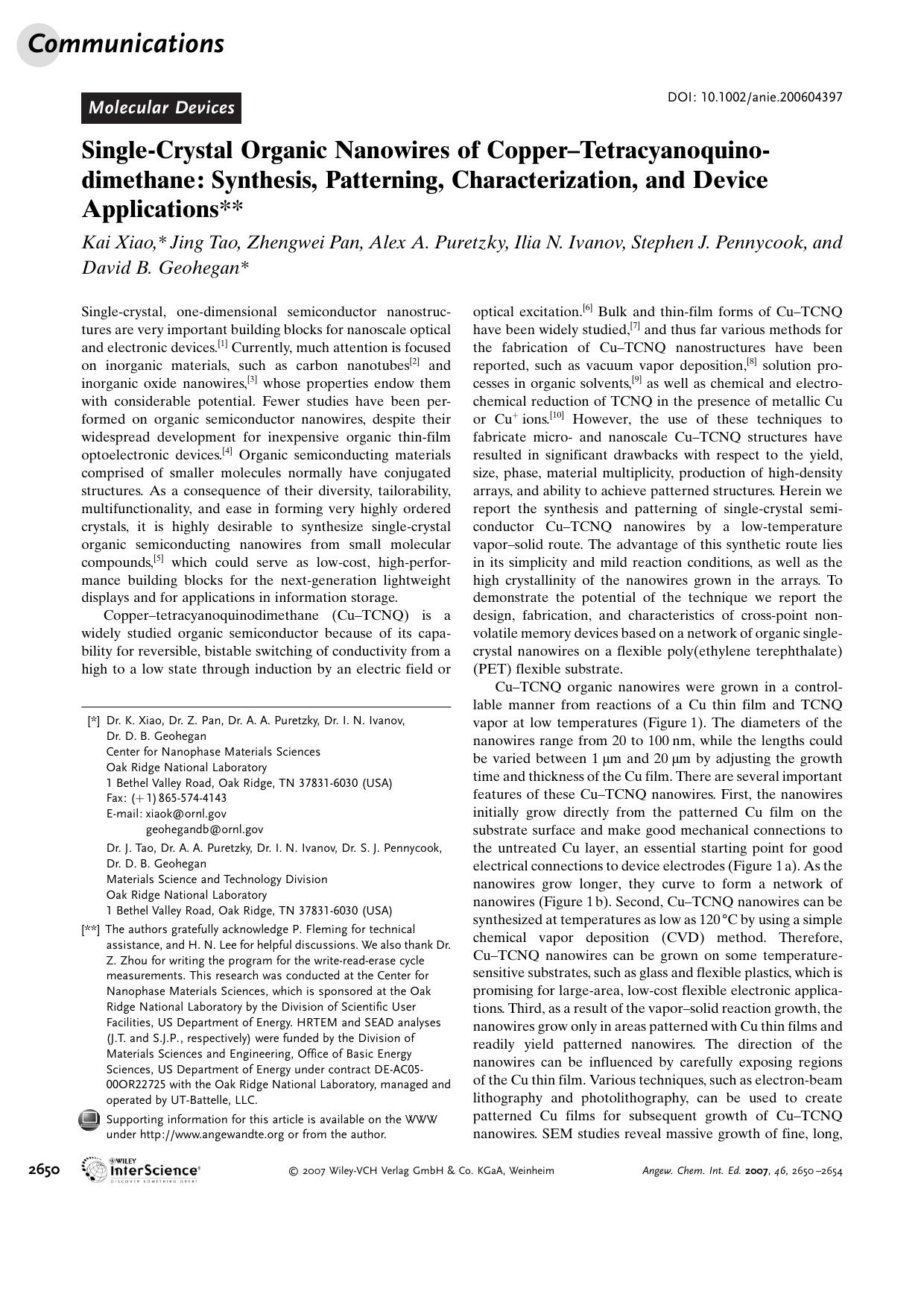 Single-Crystal Organic Nanowires of Copper-Tetracyanoquinodimethane: Synthesis, Patterning, Characterization, and Device Applications by Unknown
