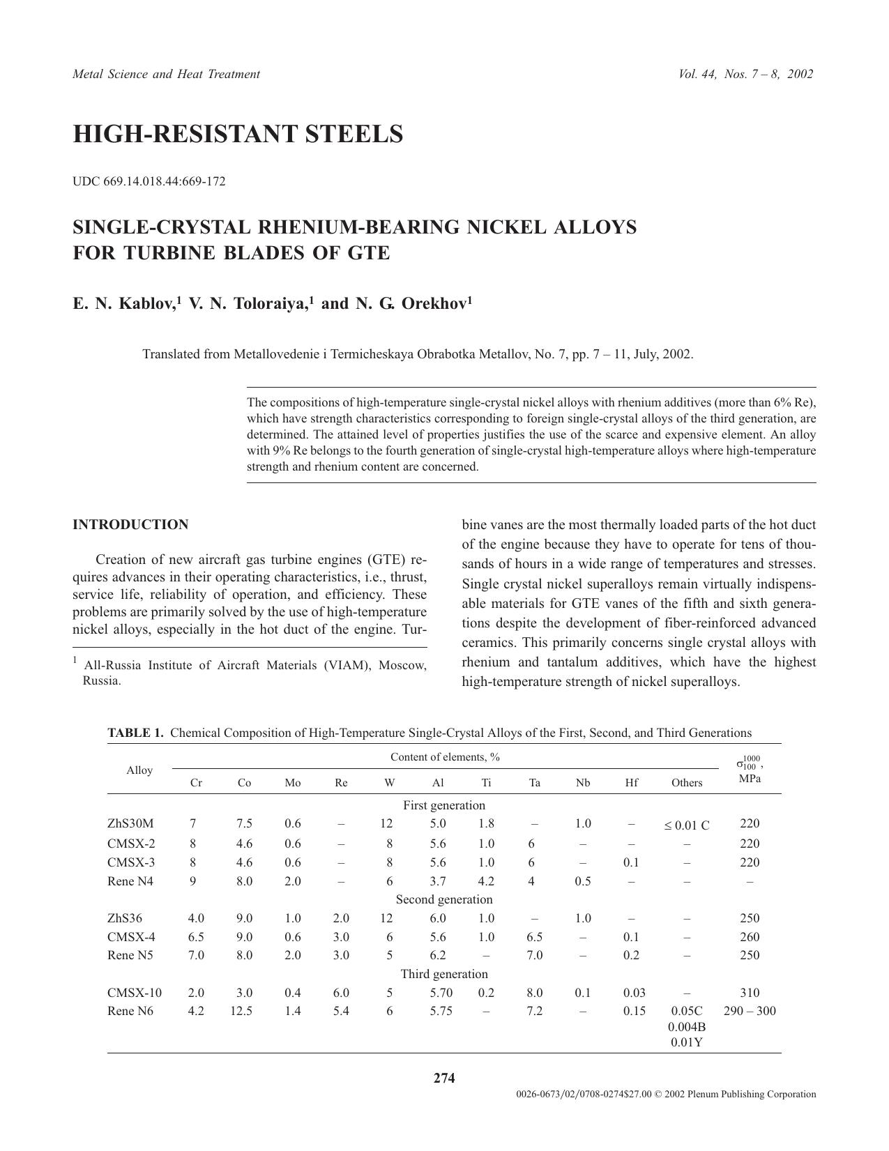 Single-Crystal Rhenium-Bearing Nickel Alloys for Turbine Blades of GTE by Unknown