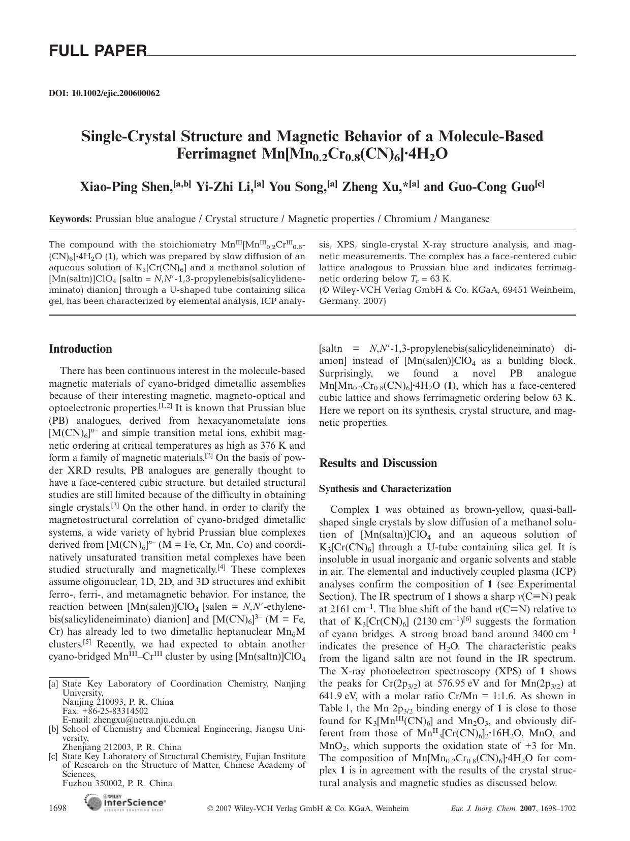 Single-Crystal Structure and Magnetic Behavior of a Molecule-Based Ferrimagnet Mn[Mn0.2Cr0.8(CN)6]Â·4H2O by Unknown