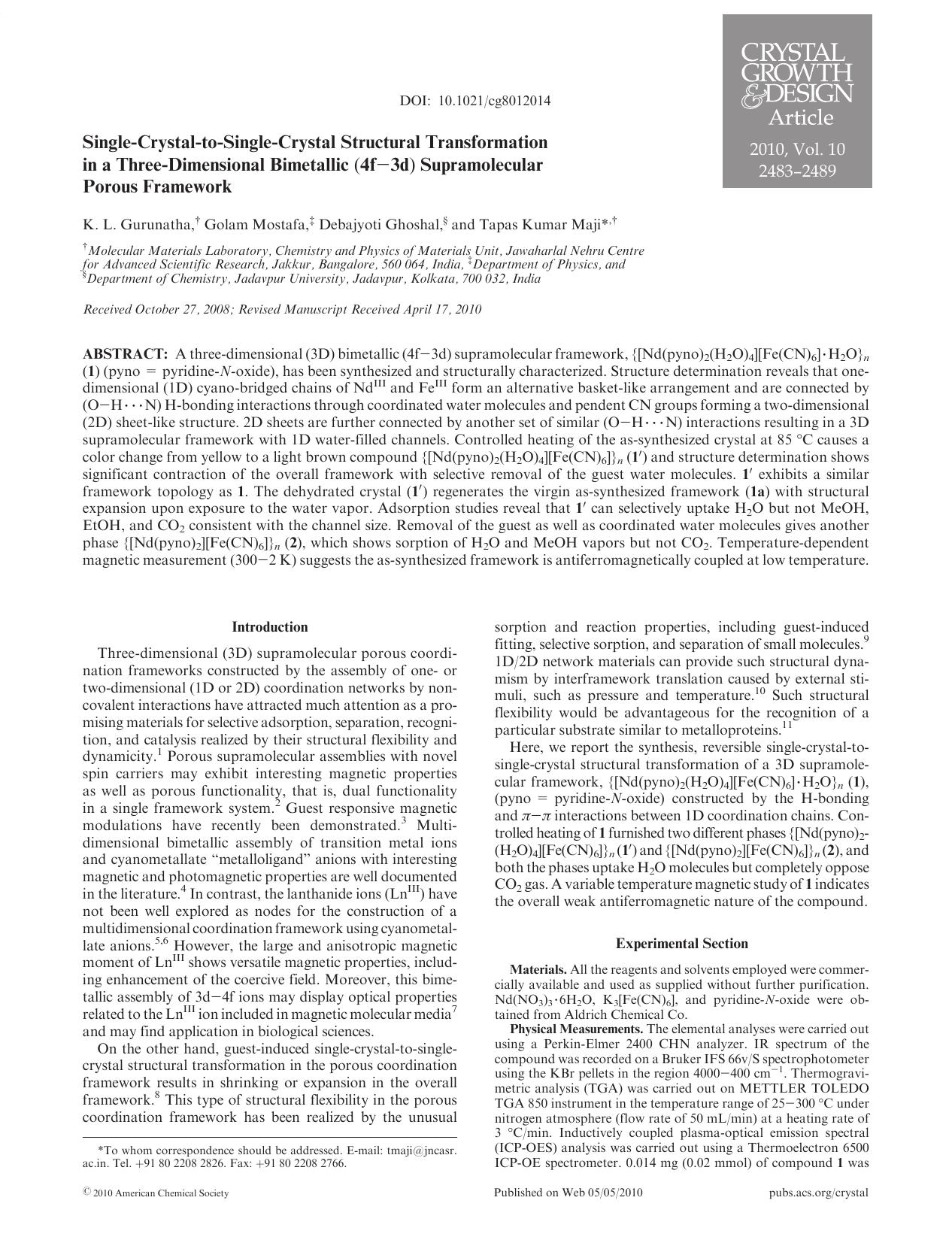 Single-Crystal-to-Single-Crystal Structural Transformation in a Three-Dimensional Bimetallic (4f3d) Supramolecular Porous Framework by Unknown