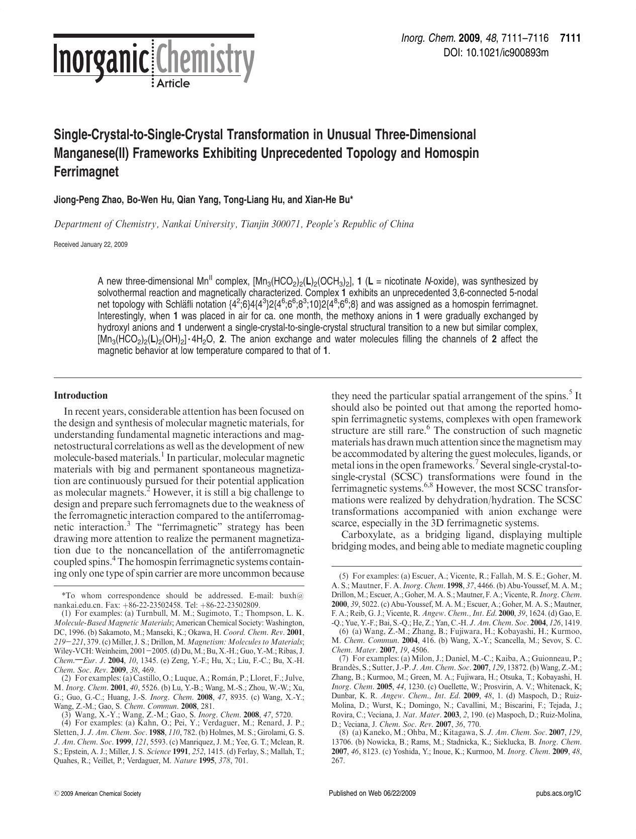 Single-Crystal-to-Single-Crystal Transformation in Unusual Three-Dimensional Manganese(II) Frameworks Exhibiting Unprecedented Topology and Homospin Ferrimagnet by unknow