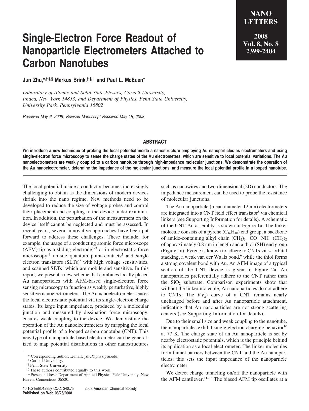 Single-Electron Force Readout of Nanoparticle Electrometers Attached to Carbon Nanotubes by Unknown