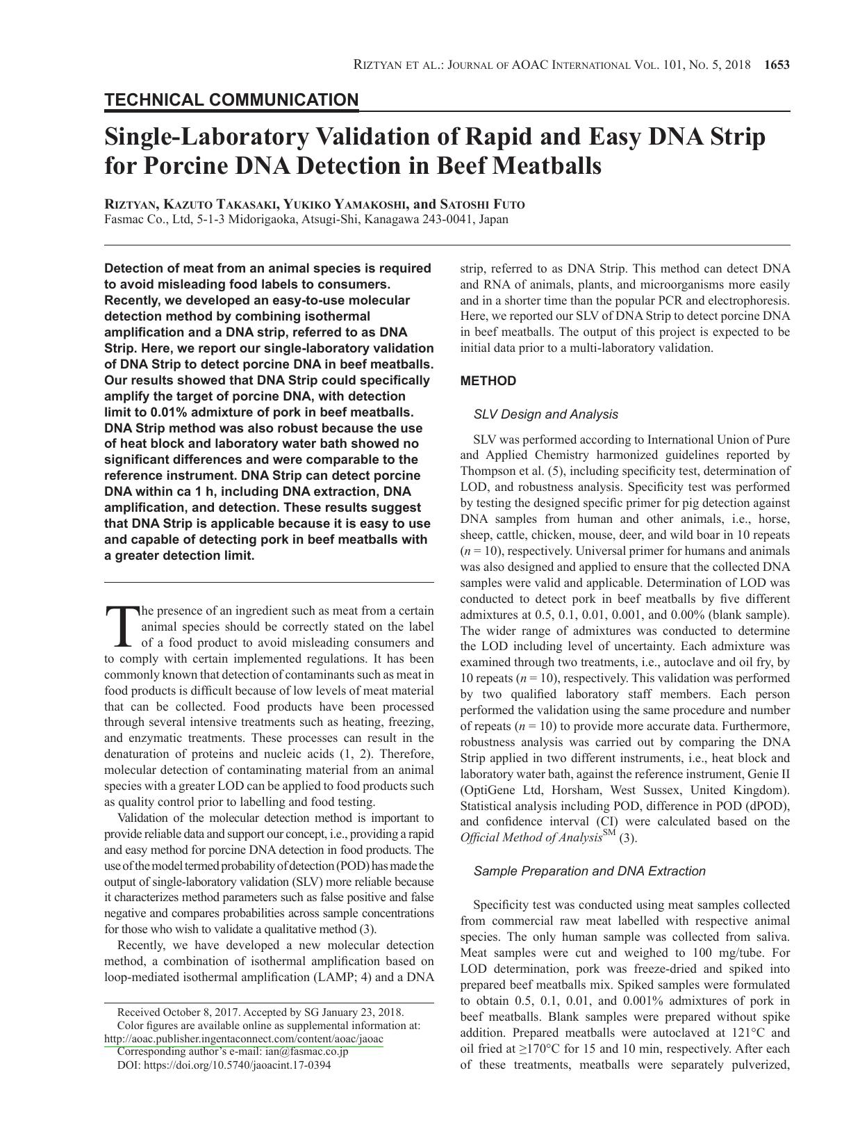 Single-Laboratory Validation of Rapid and Easy DNA Strip for Porcine DNA Detection in Beef Meatballs by Riztyan ; Kazuto Takasaki ; Yukiko Yamakoshi ; Satoshi Futo