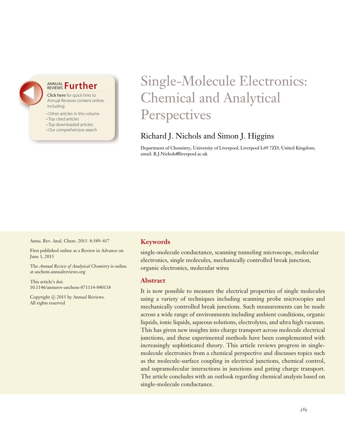 Single-Molecule Electronics: Chemical and Analytical Perspectives by Richard J. Nichols and Simon J. Higgins