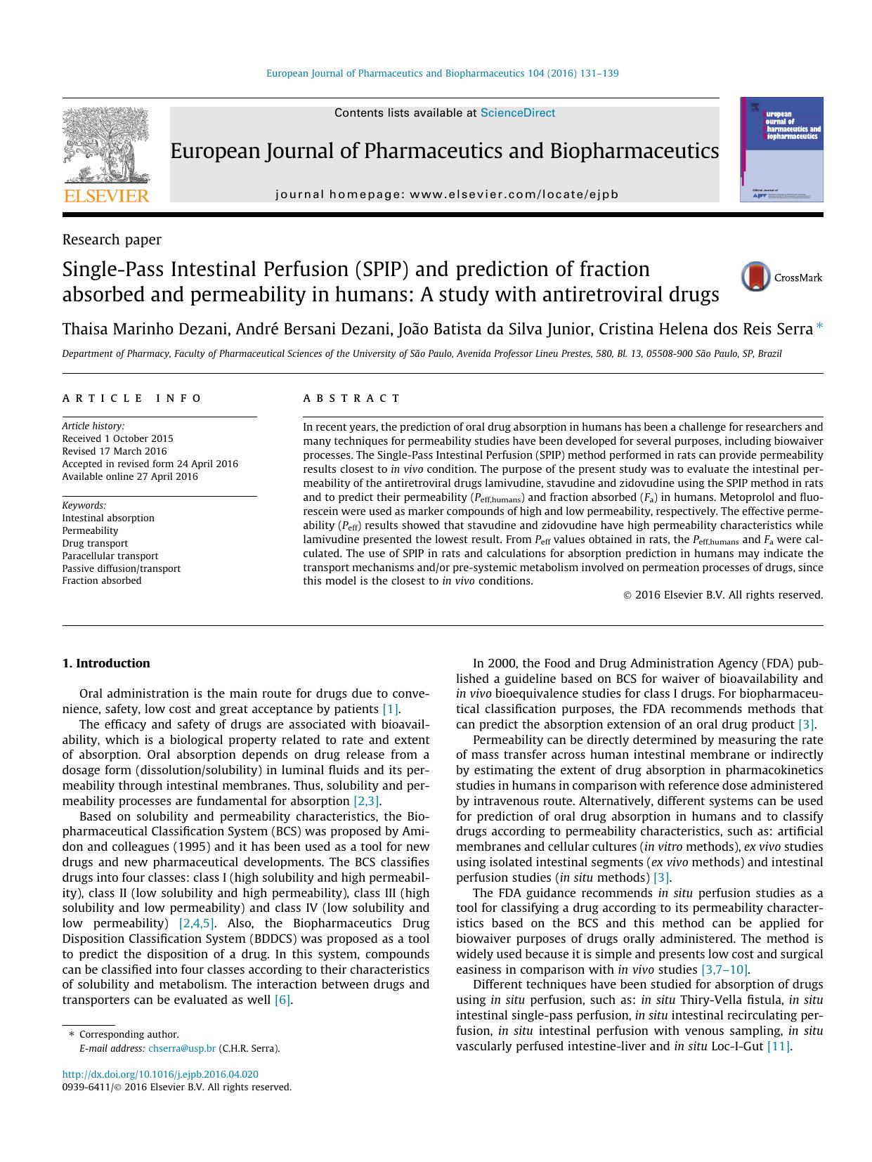 Single-Pass Intestinal Perfusion (SPIP) and prediction of fraction absorbed and permeability in humans: A study with antiretroviral drugs by unknow