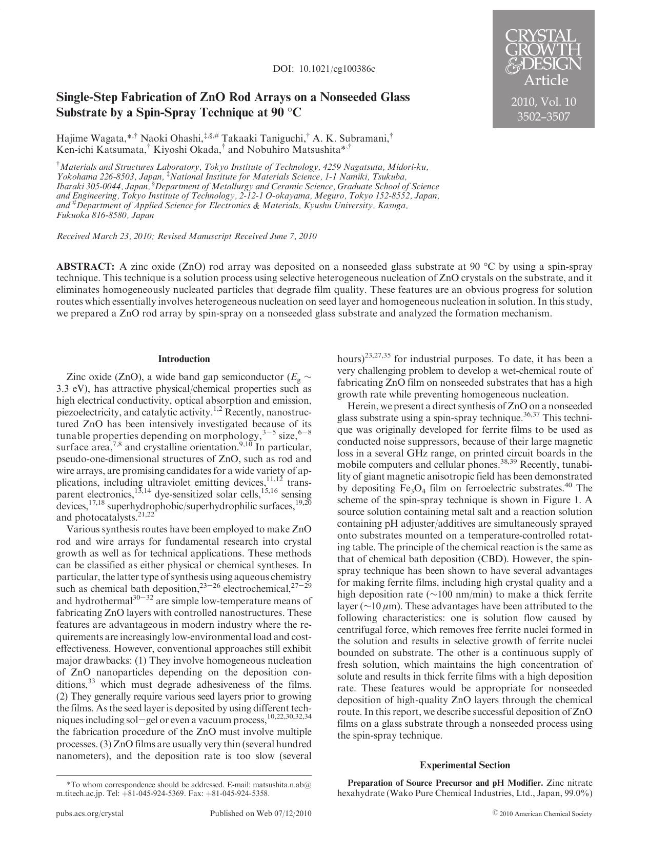 Single-Step Fabrication of ZnO Rod Arrays on a Nonseeded Glass Substrate by a Spin-Spray Technique at 90 Â°C by Unknown
