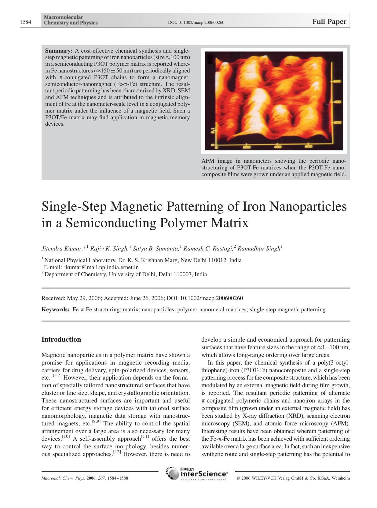 Single-Step Magnetic Patterning of Iron Nanoparticles in a Semiconducting Polymer Matrix by unknow